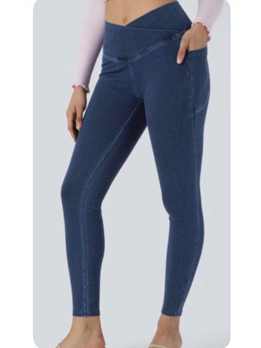 Halara M 7/8 length Womens High-Waisted Stretch Denim Leggings With Pockets Size